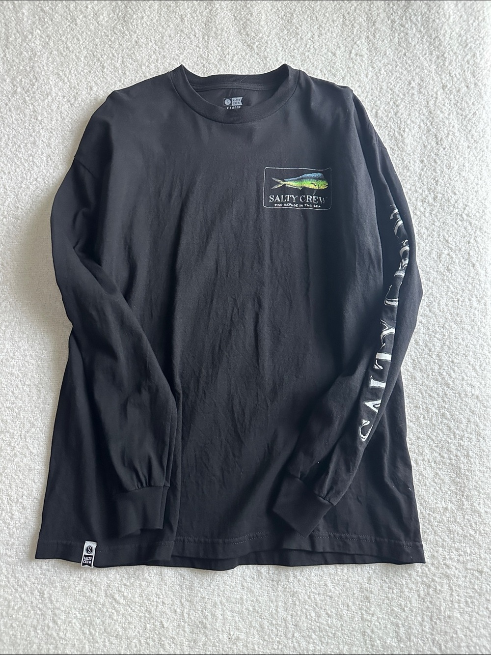 Salty Crew Black Long Sleeve Logo Tee with Green Mahi fish graphic